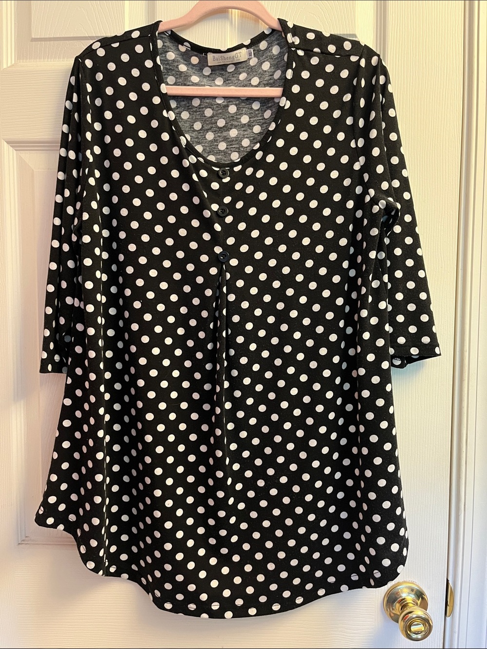 Bai & Sheng GT Women’s Black & White Polka Dot Scoop Neck Tunic - 3/4 Sleeve XL